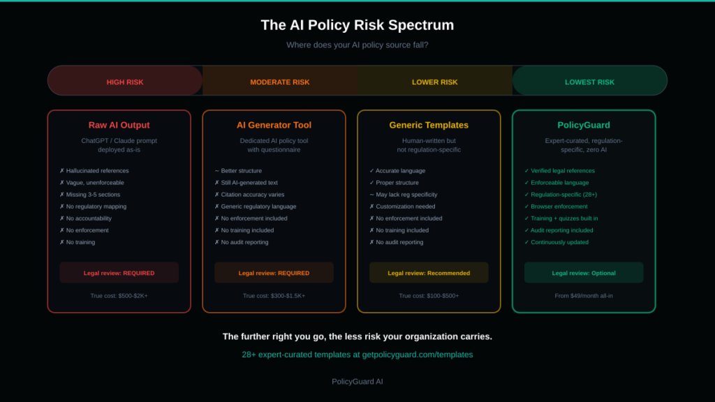 Visual showing the risk spectrum from AI-generated policies with high risk to expert-curated templates with low risk
