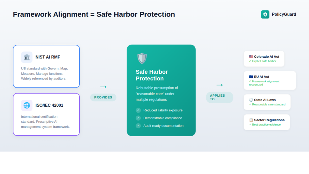 Diagram showing how NIST AI RMF and ISO 42001 alignment provides safe harbor protections under multiple regulations